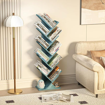 10 Tier Tree Book Shelf, Floor Standing Wood Bookshelf for Narrow Space, Storage Organizer Bookshelves for Books/CDs/Magazine, Bookcase with Shelves for Home Office, Living Room - Blue