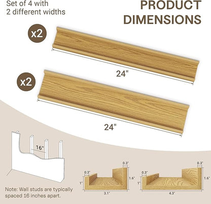 Fun Memories Picture Ledge Shelf - 30 Inches Floating Shelves Set of 4 - Floating Shelves with Lip for Storage - Wood Bookshelf Wall Mounted for Bedroom - Living Room - Kitchen - Oak Color