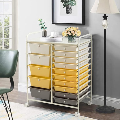 COSTWAY 15 Drawer Rolling Storage Cart, Multipurpose Mobile Storage Organizer w/Removable Drawers & Metal Frame, Utility Tools Paper Organizer on Wheels for Home, Office (Yellow, Beige & Grey)