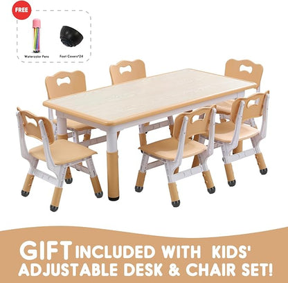 Kids Table and Chairs Set, Height Adjustable Desk With 6 Seats for Ages 3-12,Arts & Crafts Table,Graffiti Desktop, Non-Slip Legs, Max 300lbs, Children Multi-Activity Table for Classrooms,Daycares,Home