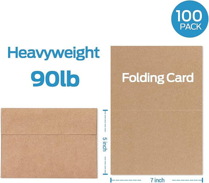 Ohuhu Blank Brown Kraft Cards and Envelopes 100 Pack - 5" x 7" Folded Cardstock Paper and A7 Envelopes for DIY Greeting Cards Wedding Birthday Invitations Baby Shower Thank You Cards and All Occasions