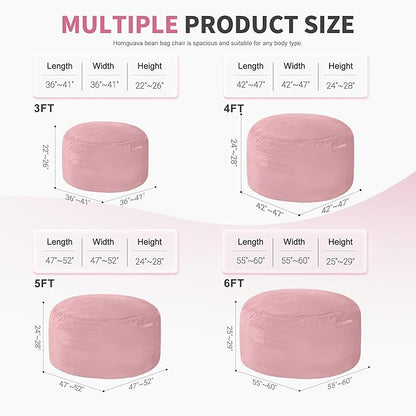 Homguava 5 FT Bean Bag Chair: 5' Bean Bags with Memory Foam Filled, Large Beanbag Chairs Soft Sofa with Dutch Velvet Cover-Light Pink