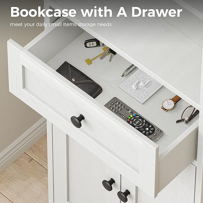 Casaottima Bookshelf and Bookcase with Doors and Drawer, Floor Standing 6-Tier Shelf Display Storage Shelves, Tall Bookcases for Home Office, Living Room, White