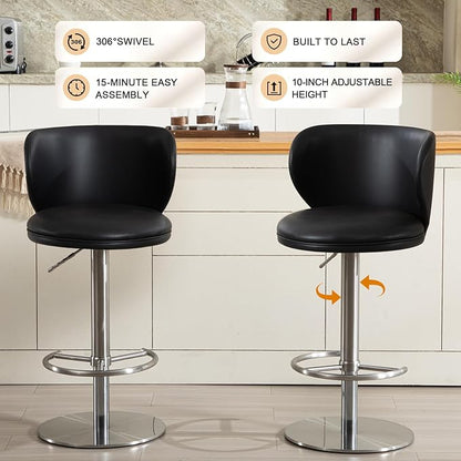 RAINMOOD Bar Stools,Adjustable Stainless Steel Swivel Barstools,Faux Leather Upholstered Bar Chair with Back and Footrest, for Bar, Kitchen Counter, Dining Room