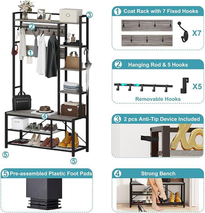 BON AUGURE Hall Tree with Bench and Shoe Storage, Entryway Bench with Coat Rack, Wooden Metal Coat Tree with Hooks, 5 in 1 Multifunctional Shoe Benches and Wall Rack (Dark Gray Oak)