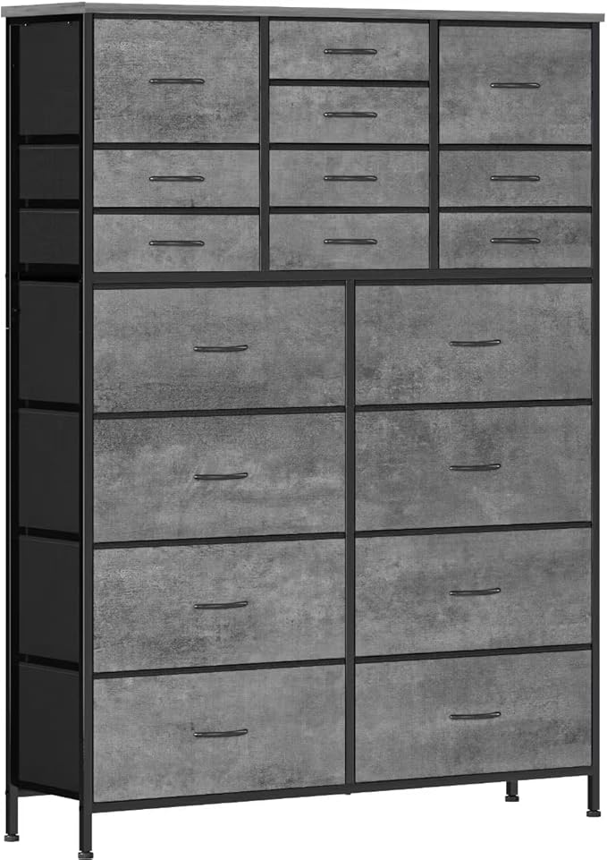Chest of Drawers for Bedroom, Tall Gray Fabric Dresser with 18 Deep Drawers, Large Clothes Organizer Bin Vertical Storage Cabinet for Closet, Nursery, Office