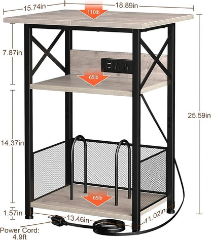 AMHANCIBLE Record Player Stand with Charging Station, Large Turntable with Storage Cabinet holds up to 100 Albums, 3 Tier End Table for Vinyl, Living Room, Grey, HETCD012GY-1