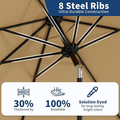 9 ft Patio Umbrella - 8 Sturdy Ribs Outdoor Table Umbrella with Crank Lift & Push Button Tilt - Market Umbrella for Pool, Deck, Yard, Garden - Tan