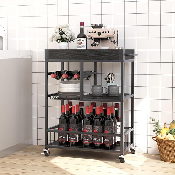 Bar Cart with Basket 3 Tiers Home Rolling Wine Rack with Wheels Mobile Kitchen Industrial Vintage Style Wood Metal Serving Trolley Serving Cart,Black Frame Home Kitchen Shelf for Party