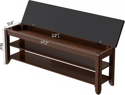 Shoe Rack Bench with Flip-Top Storage, Solid Wood Entryway Bench with Cushion, Adjustable Shelf, for Hallway, Mudroom, Closet – Walnut, 47.2"