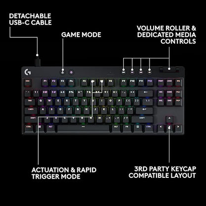 Logitech G PRO X TKL Rapid Tenkeyless Wired Gaming Keyboard with Magnetic Analog Switches, Rapid Trigger Mode, Adjustable Actuation, and Customizable RGB Lighting - Black