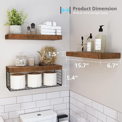 QEEIG Bathroom Shelves Over Toilet - Wall Mounted Floating Shelves Toilet Paper Storage Small Farmhouse Decor Shelf 16 inch Set of 3, Rustic Brown (019-BN3)