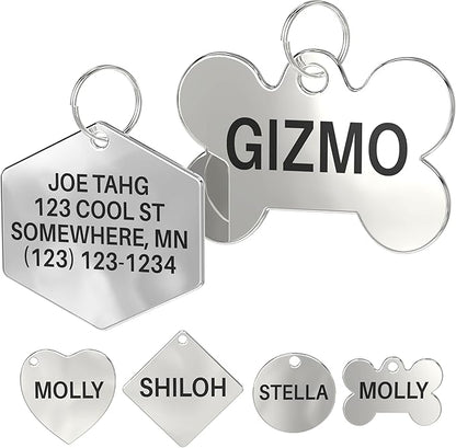 Dr. Fremont's Stainless Steel Pet ID Tags Engraved and Personalized for Dogs and Cats on Both Sides in Bone, Heart, Circle Round, Hexagon, and Diamond