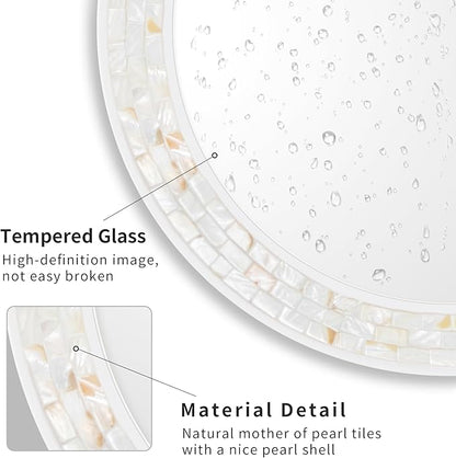 Tanmicoshomy 24 Inch Round Wall Mirror with Mother of Pearl Frame, White Circle Mirrors with Tempered Glass, Shatterproof for Bathroom, Bedroom or Entryway