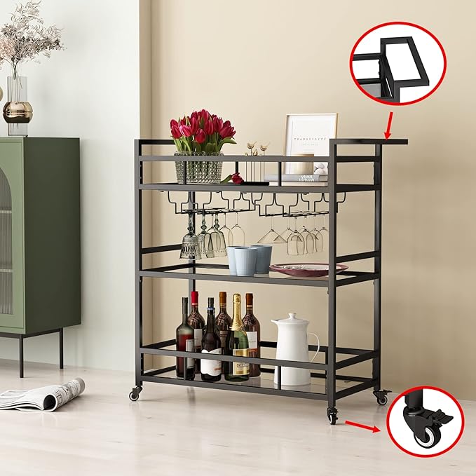 Black Metal Bar Carts with 3 Tier Glass Shelves, Rolling Serving Bar Cart with Wine Rack and Glass Holder, Industrial Bar Carts & Wine Carts on Wheels for Kitchen, Indoor & Outdoor