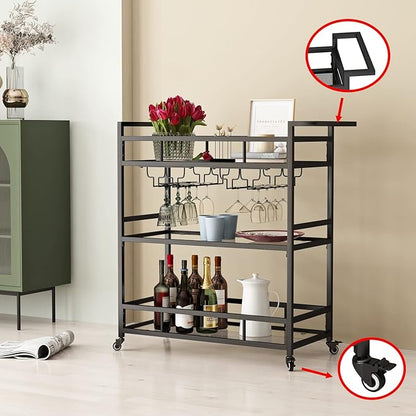 Black Metal Bar Carts with 3 Tier Glass Shelves, Rolling Serving Bar Cart with Wine Rack and Glass Holder, Industrial Bar Carts & Wine Carts on Wheels for Kitchen, Indoor & Outdoor