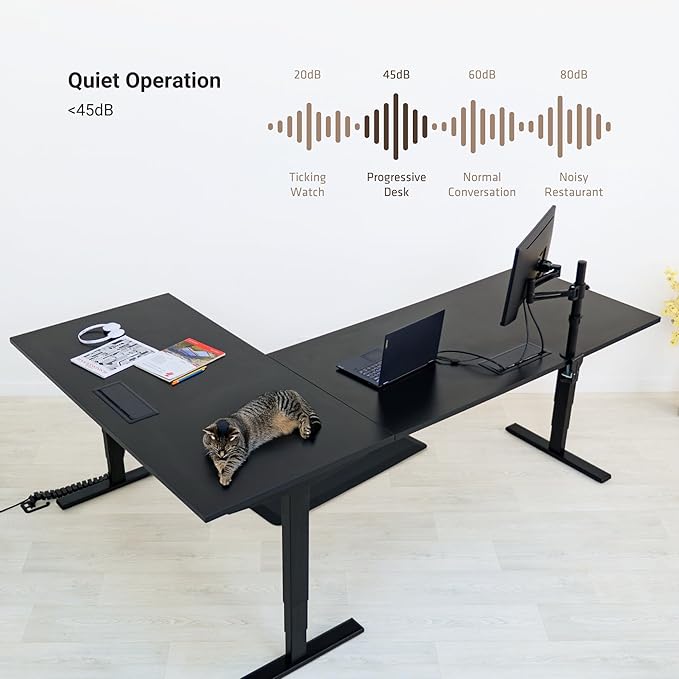 Progressive Desk Height Adjustable Computer Standing Desk - L Shaped 70" x 55" Corner Electric Stand Up Rising Workstation - Roasted Walnut, Gray Frame