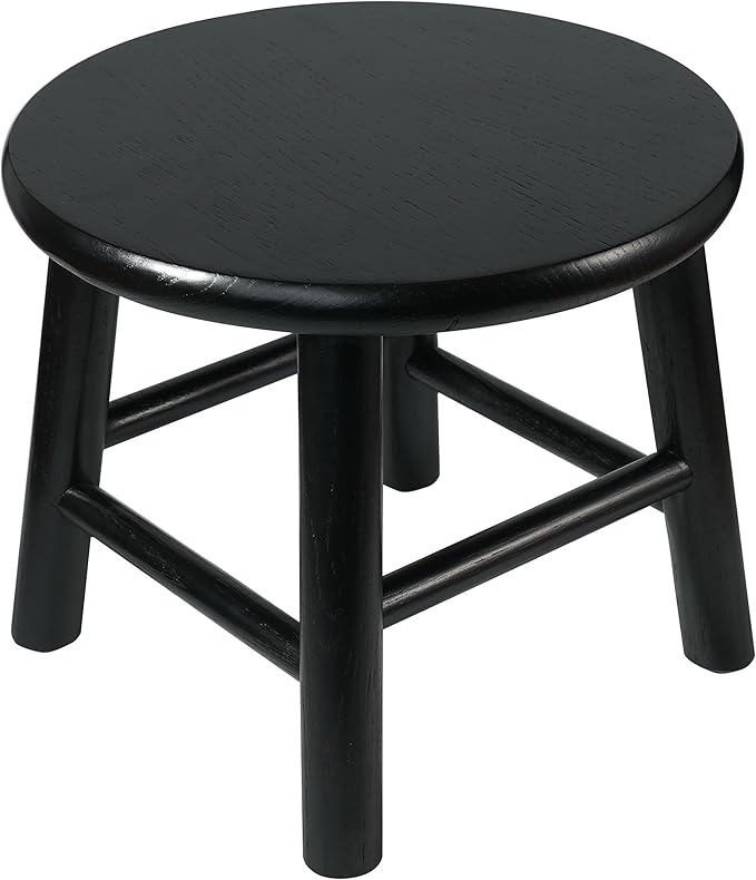 CONSDAN 9-Inch Round Step Stool for Adults & Kids, USA Grown Solid Oak Hardwood, Sturdy Small Foot Stool for Kitchen, Bedroom, Bathroom, Shoe Changing, Plant Stand, Fully Assembled (Black)