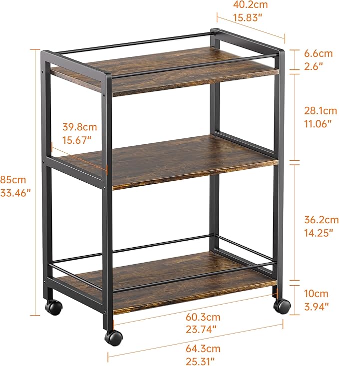 HITNET Bar Cart for The Home, Home Bar Serving Cart with Wheels and Storage Shelves, 3 Tier Rolling Liquor Beverage Cart for Kitchen Dining Living Room, Rustic Brown and Black