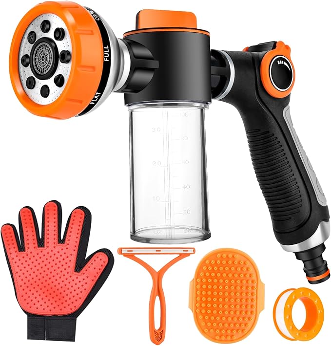 Upgrade Dog Washing Hose Attachment, 8 Spray Patterns Dog Wash with 3.5oz 100cc Soap Dispenser, Dog Washing Gloves, Dog Bath Brush, Suitable for Watering Plant, Patio, Cleaning, Showering Pet