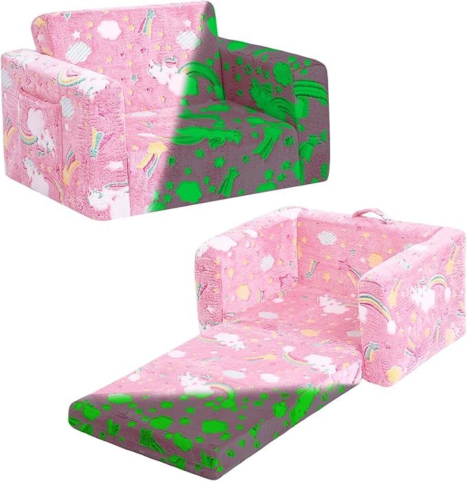 Tiita Kids Chair Couch, Folding Toddler Comfy Chair, 2-in-1 Kids Plush Sofa Fold Out, Baby Armrest Sofa to Lounger, Convertible Play Sofas to Bed for Girl or Boy, Pink Rainbow