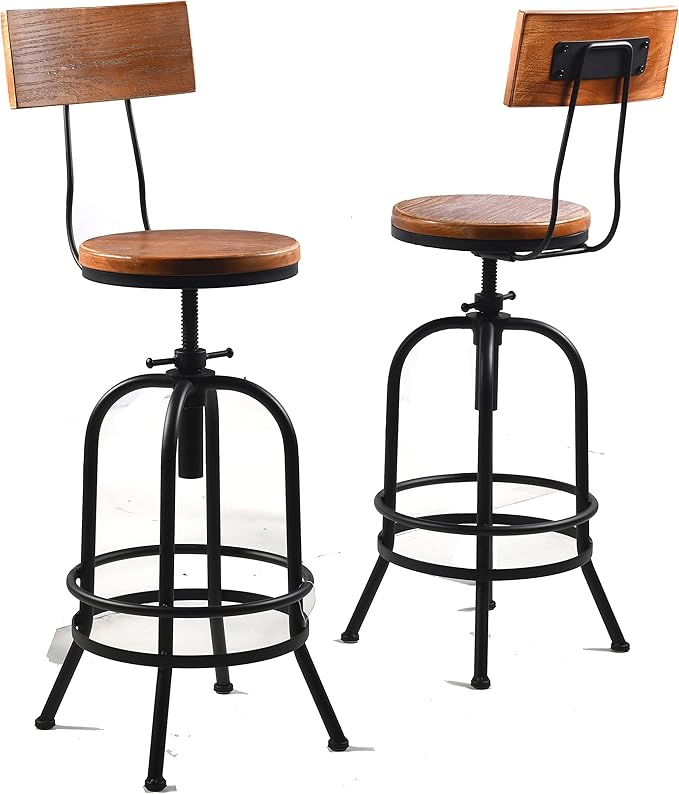 Diwhy Industrial Bar Stool-26-32 Inch Adjustable Swivel Metal Wood Seat Stool Bar Height Bar Stool with Backrest-for Kitchen, Dining Side Chair, Pub, Bistro, Set of 2, Black