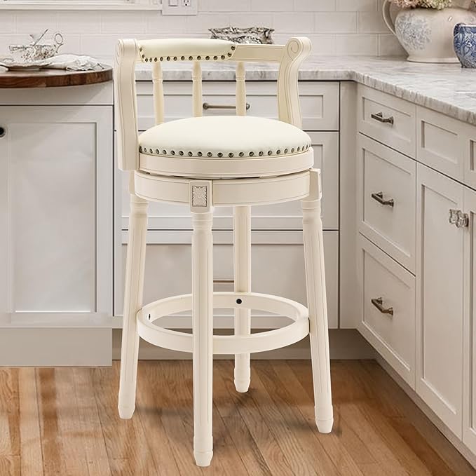 CozyRain Bar Stools Modern Swivel Barstools, Kitchen Counter Genuine Leather Upholstered Bar Stool Island Barstool with Footrest for Home Kitchen Dining Room (White, Seat Height 29.5 in)