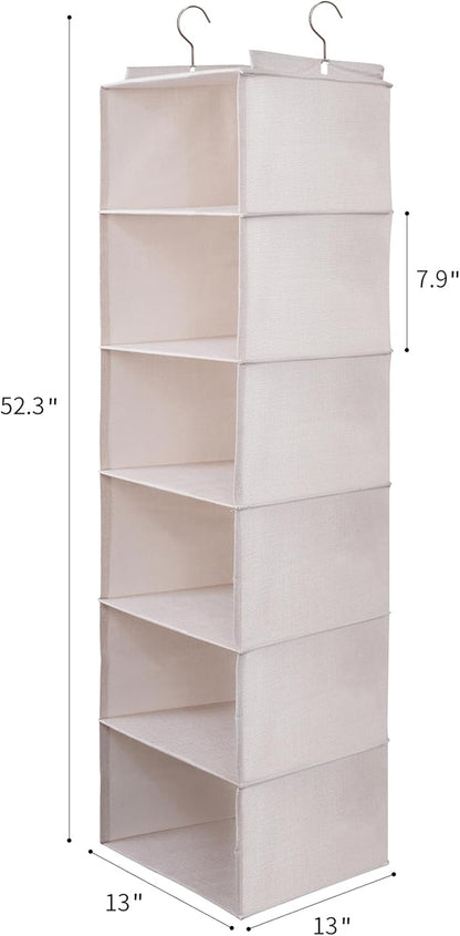 Large Hanging Sweater Organizer for Closet,Collapsible 6-Shelf Hanging Closet Shelves with Drawers, Washable (Beige -6 Shelf-2 d)