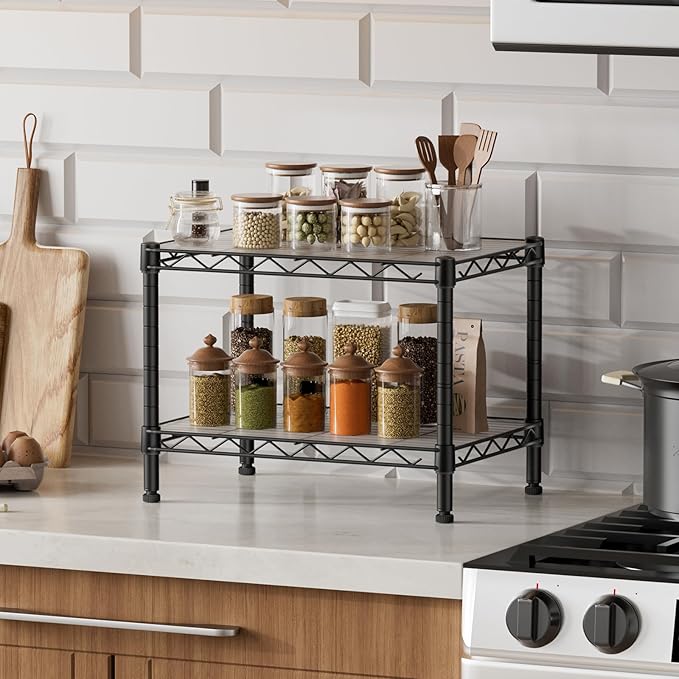 SINGAYE 2 Small Shelves Kitchen Storage Shelf Wire Shelving Unit Metal Shelf Adjustable Organizers Storage Shelving for Office Pantry Black 12" D X 18" W X 12" H