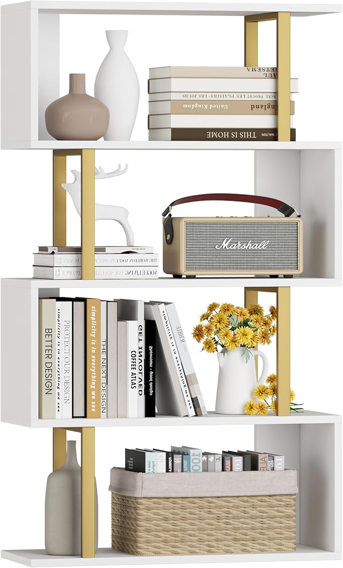 Yusong Geometric Bookcase, S Shaped Bookshelf 4-Tier Book Shelves for Bedroom, Modern Wood Decorative Display Shelf Tall Book Case for Home Office, Gold and White