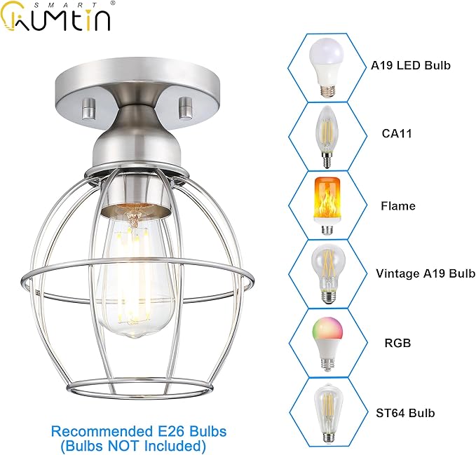 Farmhouse Ceiling Light Fixture, Vintage Semi Flush Mount Ceiling Light, Small Metal Cage Lighting Lamp for Hallway Entryway Kitchen Porch, Nickel Finish, 2-Pack