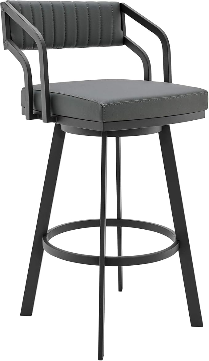 Armen Living Capri Modern 26" Seat Height Gray Faux Leather and Black Stainless Steel Metal Swivel Bar Stool for Kitchen Island Counter