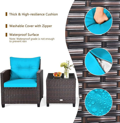 RELAX4LIFE 3 Piece Patio Furniture Set, Wicker Bistro Conversation Set w/ 2 Cushioned Armchairs & Glass Topped Table, Outdoor Rattan Sofa for Porch Balcony Poolside (Turquoise)