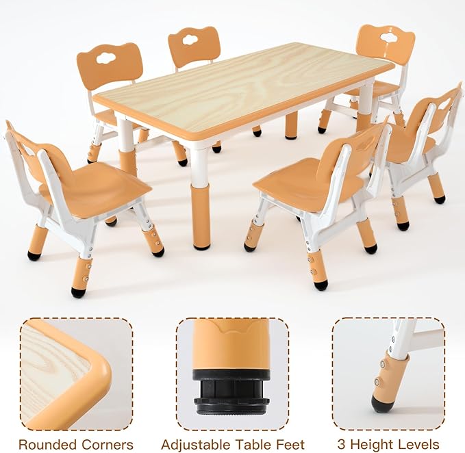 Kids Table and 6 Chairs Set，Height Adjustable Children Table & Chair，Toddlers Study Multi-Activity Table with 47.2"x23.6" Wipe-Clean Desktop，for Classrooms, Homes & Daycares