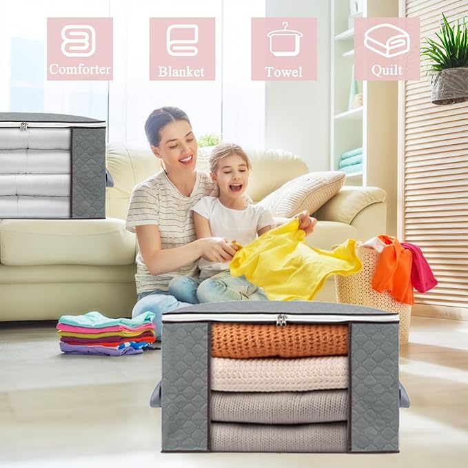 combocube Comforter Storage Bag, Zippered Bag with Large Clear Window and Carry Handles, Space Saver Organizers for Closet, Blanket, Pillow, Quilt, Bedding, Clothes (2Pcs Grey Large)