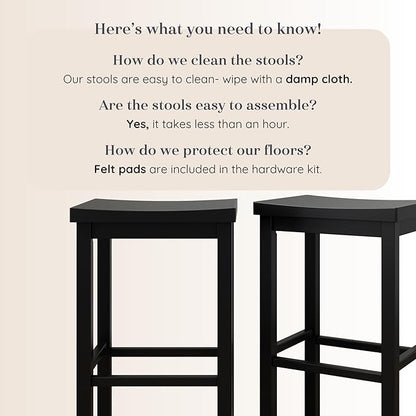 Grain & Grove Smith Collection Set of 2 Solid Wood Bar Stools, 30 inch Saddle-Seat Bar Chairs, Backless, Heavy-Duty Construction, Footrest Support, for Kitchen Islands, Home Bars, and Counters, Black