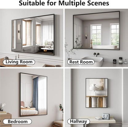 Koonmi Bathroom Mirror for Wall, 30"x40" Black Bathroom Mirror for Over Sink, Shatterproof Tempered Glass Vanity Mirror with Anti-Rust Aluminum Alloy Frame, Hang Horizontally or Vertically
