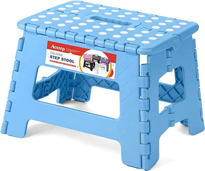 ACSTEP Folding Lightweight Plastic 9 inch Foldable Step Stool, Non Slip Folding Stools for Kitchen Bathroom Bedroom (Blue)