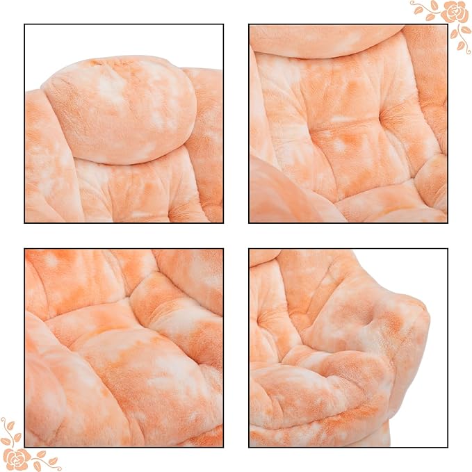 HollyHOME Faux-Fur Lazy Chair with Foldable Ottoman, Accent Comfy Lounge Arm Chair and Folding Footrest Stool Set, Leisure Sofa Reading Chair and Footstool for Living Room, Bedroom, Orange&White