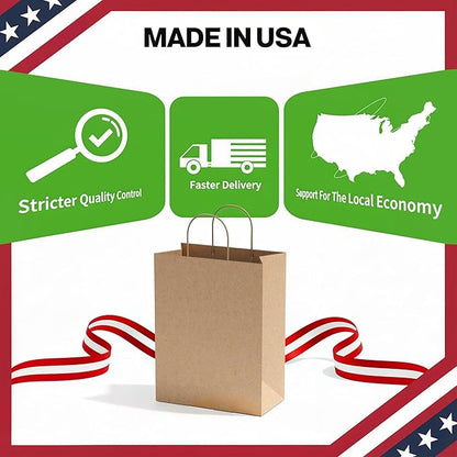 Simple Deluxe 50-Pack Kraft Paper Bags with Handles (10x5x13 Inch) - 100% Recycled Natural Brown Shopping Bags for Retail, Gifts & Merchandise - Made in USA, 90GSM Thick