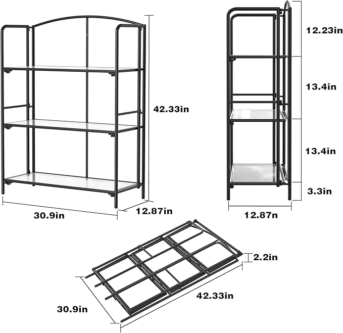 Crofy No Assembly Folding Bookshelf for Living Room, 3 Tier Black Collapsible Book Shelf for Home Office, Portable Bookcase Storage Organizer