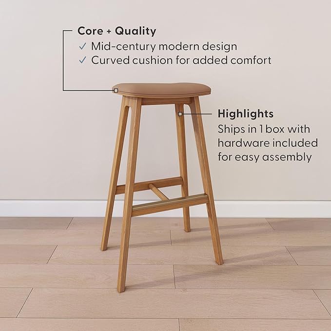 Plank+Beam Beryl Bar Height Stool - Mid-Century Modern Rubberwood Bar Stool with Faux Leather Seat, Metal Footrest, Easy Assembly, Pecan/Toffee