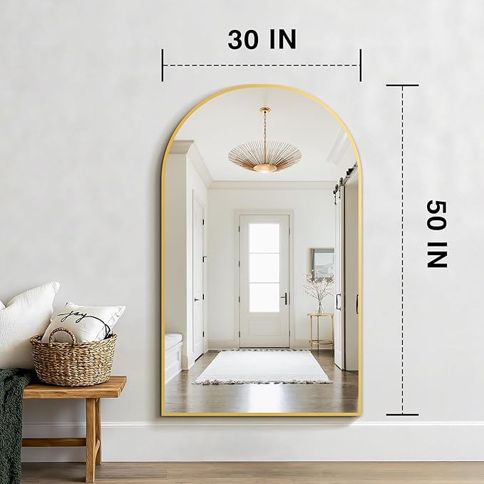 FICTOR Bathroom Vanity Mirror for Wall,50”x30” Large Arched Bathroom Mirror, Metal Framed with HD Shatter-Proof Glass for Entryway, Living Room,Bedroom, Wall Mounted or Leaned Against(Gold)