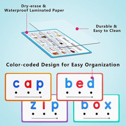 CVC Words Writing & Spelling Cards, Phonics Flash Card, Beginning Phonics Word Builders, Sorting Spelling Word Learning Aids, Speech Therapy, 60 Learning Educaitonal Cards, for Preschool Kindergarten