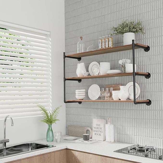 Industrial Pipe Shelf Brackets Wall Mount, Open Black Pipe Shelving for Kitchen,Floating Shelf Brackets Mount,Open Bookshelf Brackets for Shelves,Wall Shelves 12 Inch Deep,(2PcsX3Tier,32" Tall)