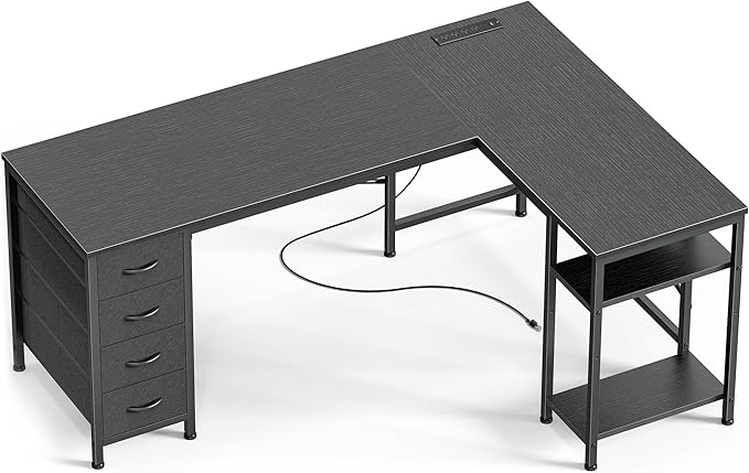 Huuger 55 Inch L Shaped Desk with Fabric Drawers, Reversible Computer Gaming Desk with Power Outlets and USB-C Port, Adjustable Side Storage Shelves, for Work Study Corner Home Office, Black
