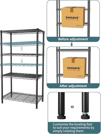 SINGAYE 4 Tier Storage Rack Wire Shelving Unit Shelves Metal for Pantry Closet Shelve Organization Kitchen Laundryroom 800Lbs Capacity 24" D x 14" W x 48" H Black