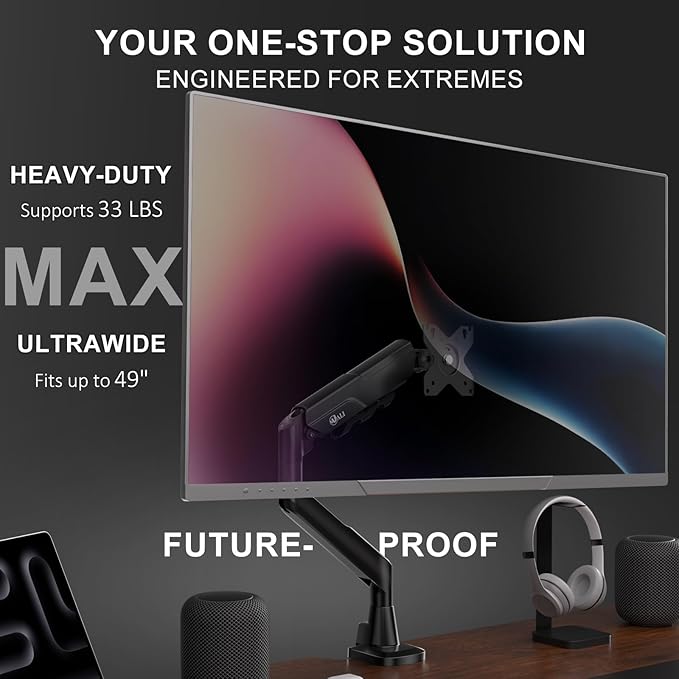WALI Heavy Duty Single Monitor Arm for 17-49 Inch Flat Curved Ultrawide Screens, up to 33 Lbs, Adjustable Gas Spring Single Monitor Desk Mount for Home Office Gaming, VESA 75/100mm (GSM001XLN), Black