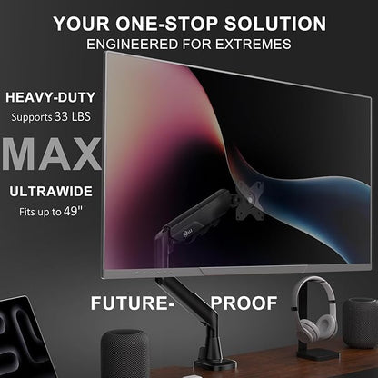 WALI Heavy Duty Single Monitor Arm for 17-49 Inch Flat Curved Ultrawide Screens, up to 33 Lbs, Adjustable Gas Spring Single Monitor Desk Mount for Home Office Gaming, VESA 75/100mm (GSM001XLN), Black