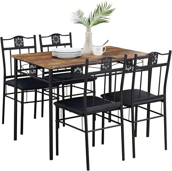 VECELO Kitchen Dining Room Table Sets for 4, 5 Piece Wood Rectangular Breakfast Nook, Dinette with PU Padded Chairs, Brown